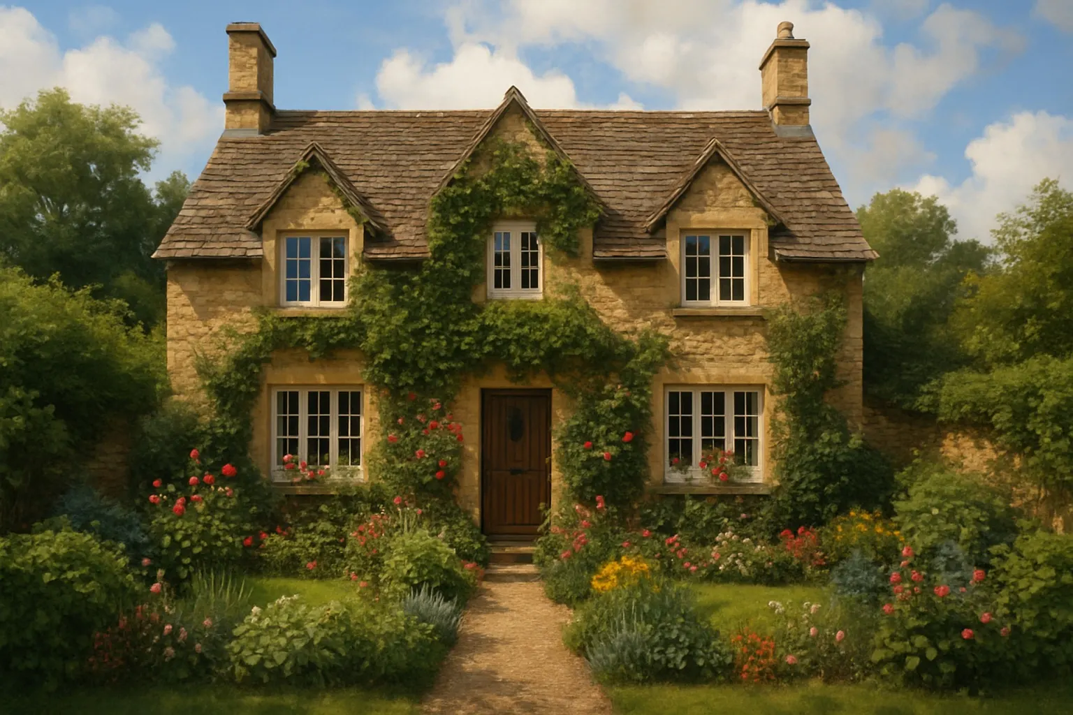 A stone cottage with climbing roses, a dark timber door, and a garden path leading to the front step.
