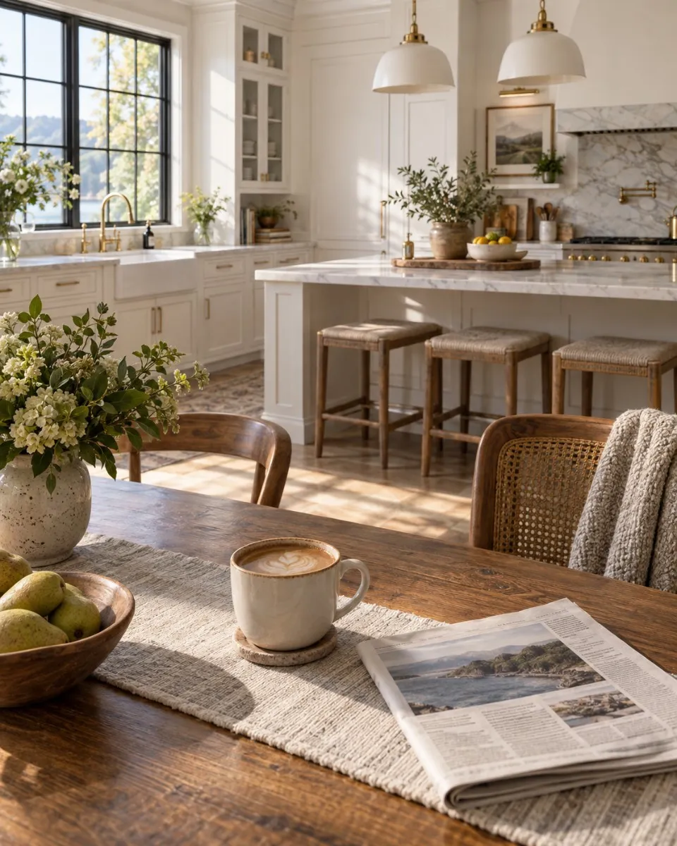 Coffee and a newspaper on a wooden table in a sunlit kitchen