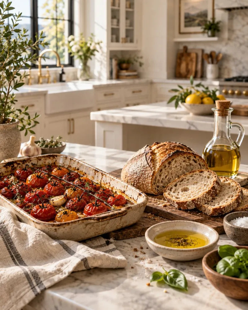 Roasted tomatoes, sliced sourdough, and a small bowl of olive oil on a sunlit kitchen counter.