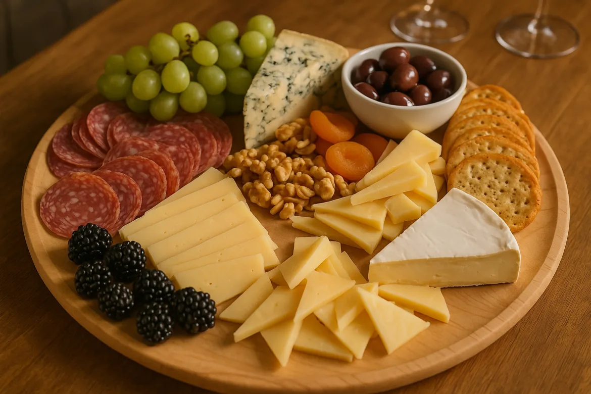 Round wooden board with sliced cheeses, brie, blue cheese, salami, green grapes, blackberries, walnuts, dried apricots, olives, and crackers.