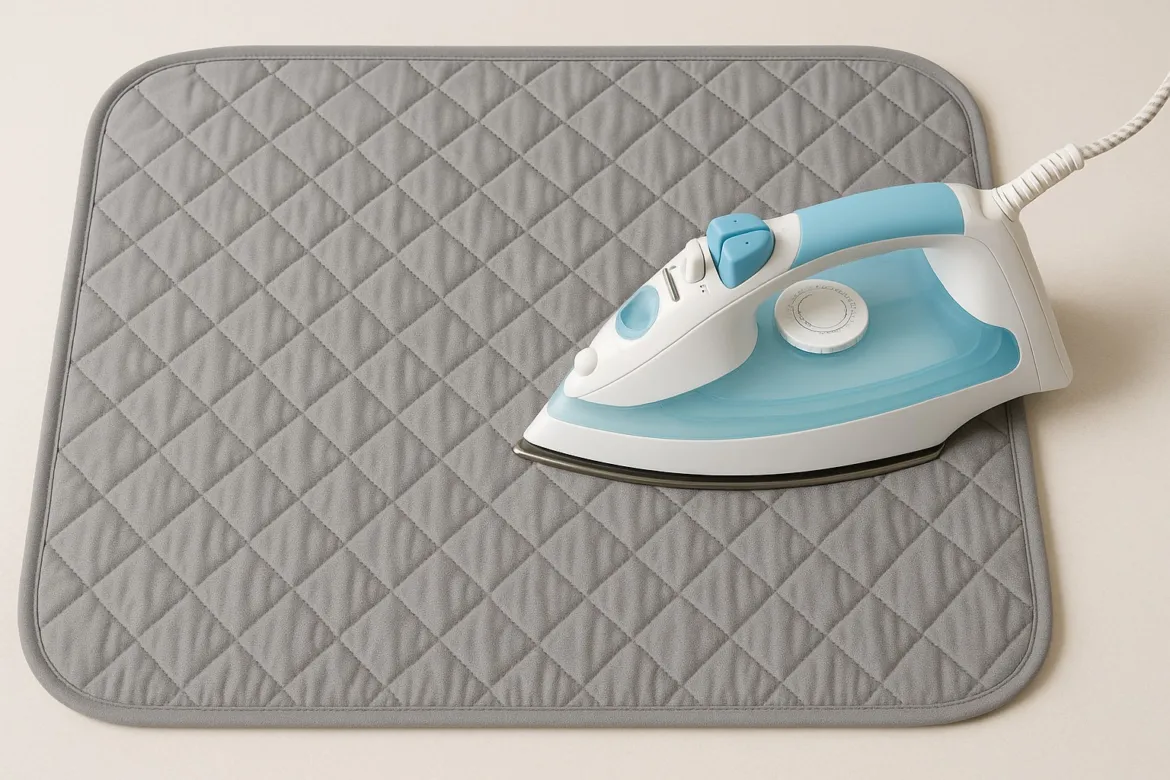 Gray quilted ironing mat laid flat on a countertop with a white and light blue steam iron resting on it.
