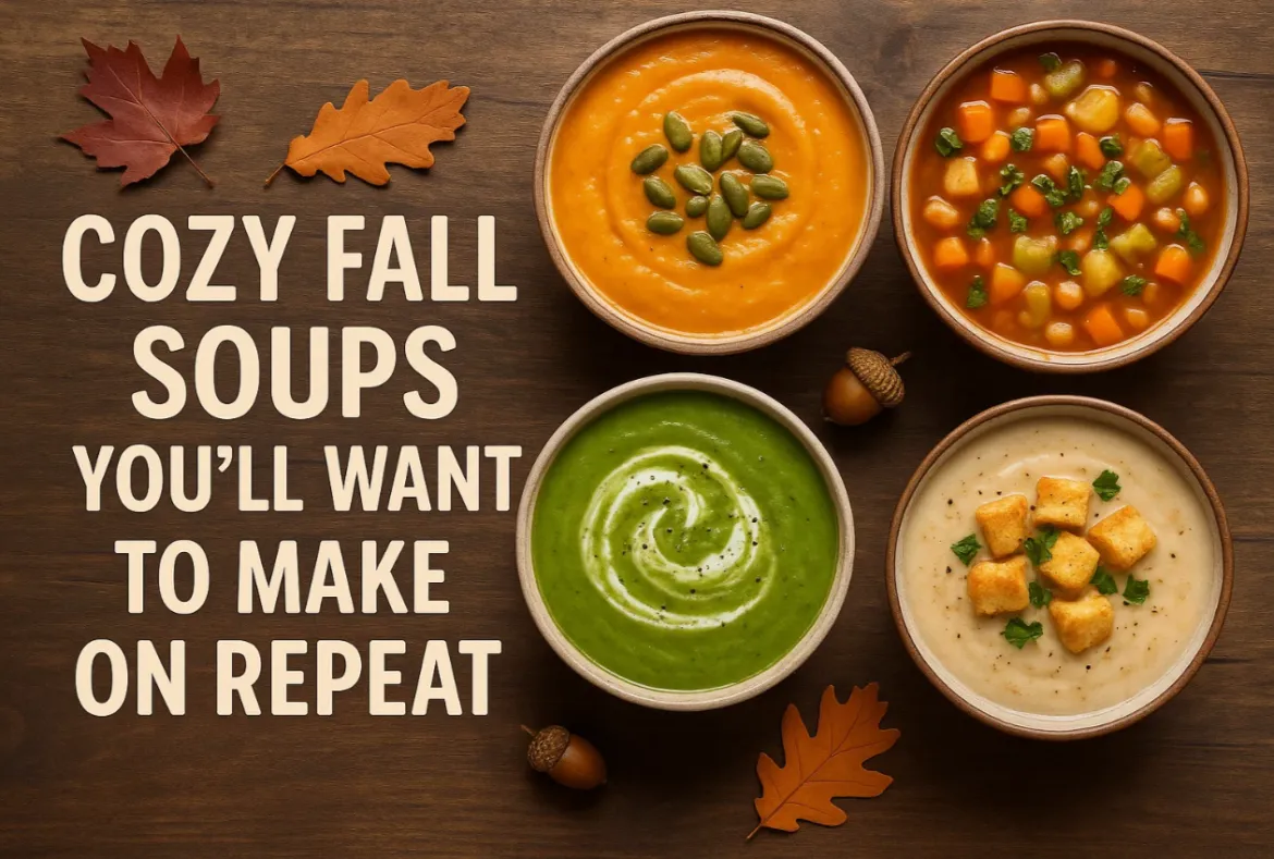 Four bowls of soup on a dark wood table with fall leaves and acorns, beside the words “Cozy Fall Soups You’ll Want to Make on Repeat.”