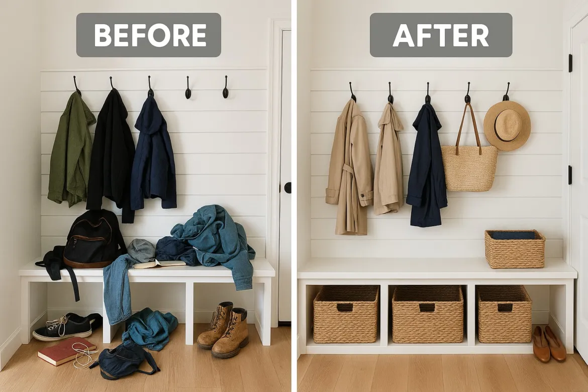 Before-and-after entryway: a cluttered white bench with coats, shoes, and a backpack piled on the left, and the same shiplap wall on the right with coats and a straw bag on hooks and woven baskets tucked under the bench.