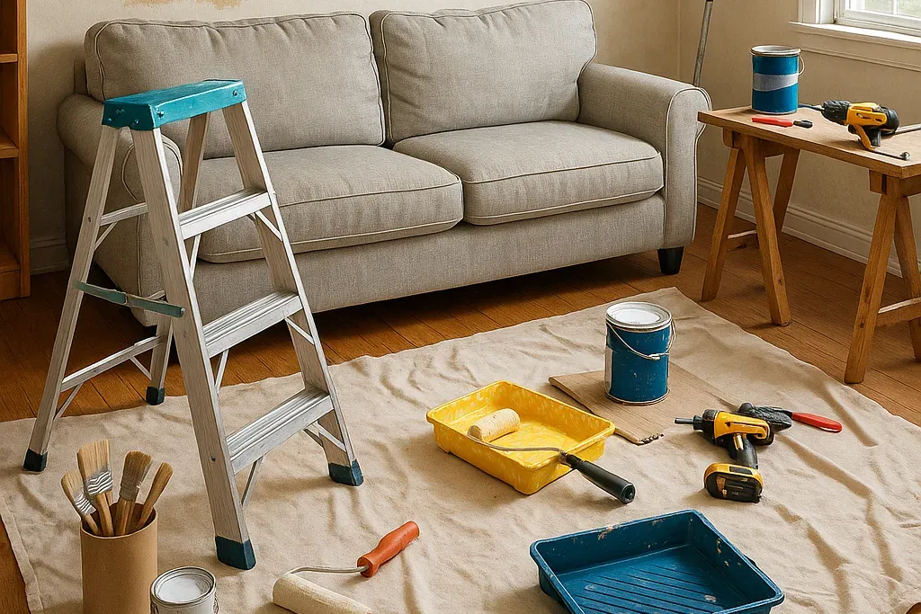 Living room mid-renovation with a gray sofa, a stepladder, and a drop cloth holding paint trays, rollers, brushes, and a drill.