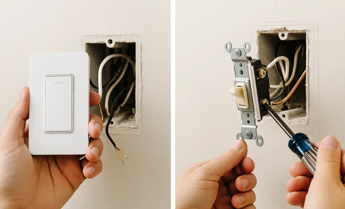 Side-by-side photos of a light switch swap: on the left, a hand holds a new white smart switch beside an open wall box with exposed black, white, and copper wires; on the right, hands remove the old toggle switch from the box with a screwdriver.