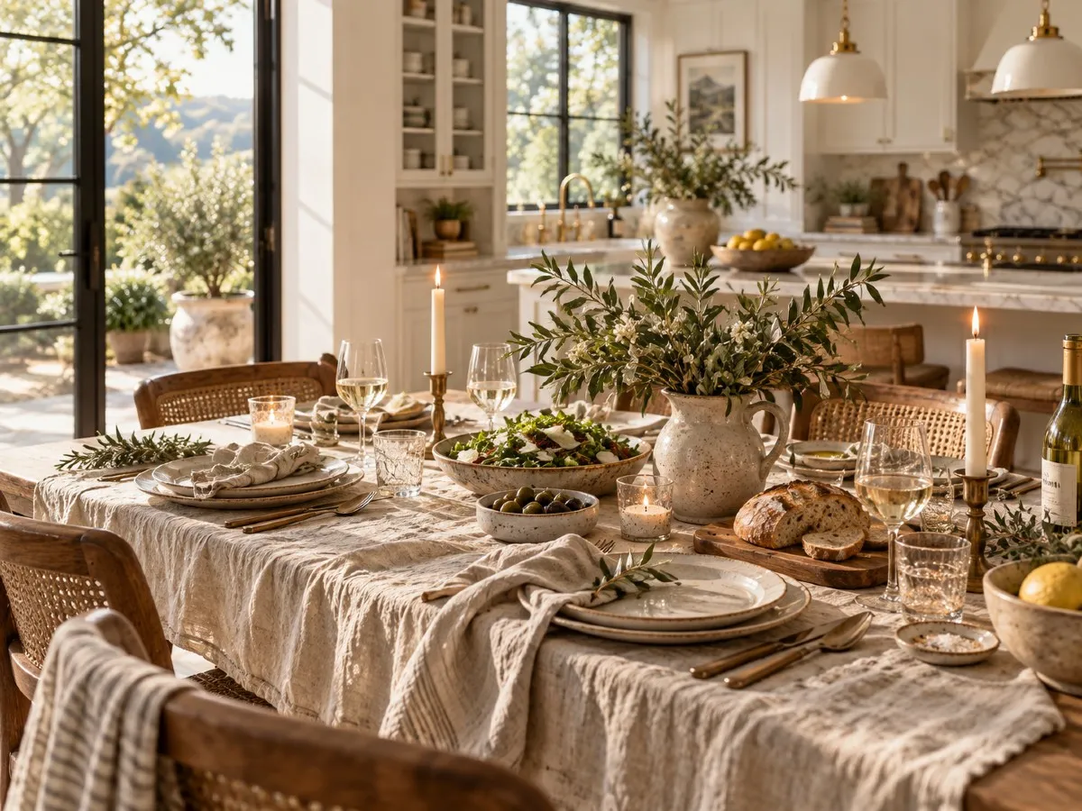 A sunlit lunch table set with rumpled linen, candles, ceramic plates, bread, and salad.
