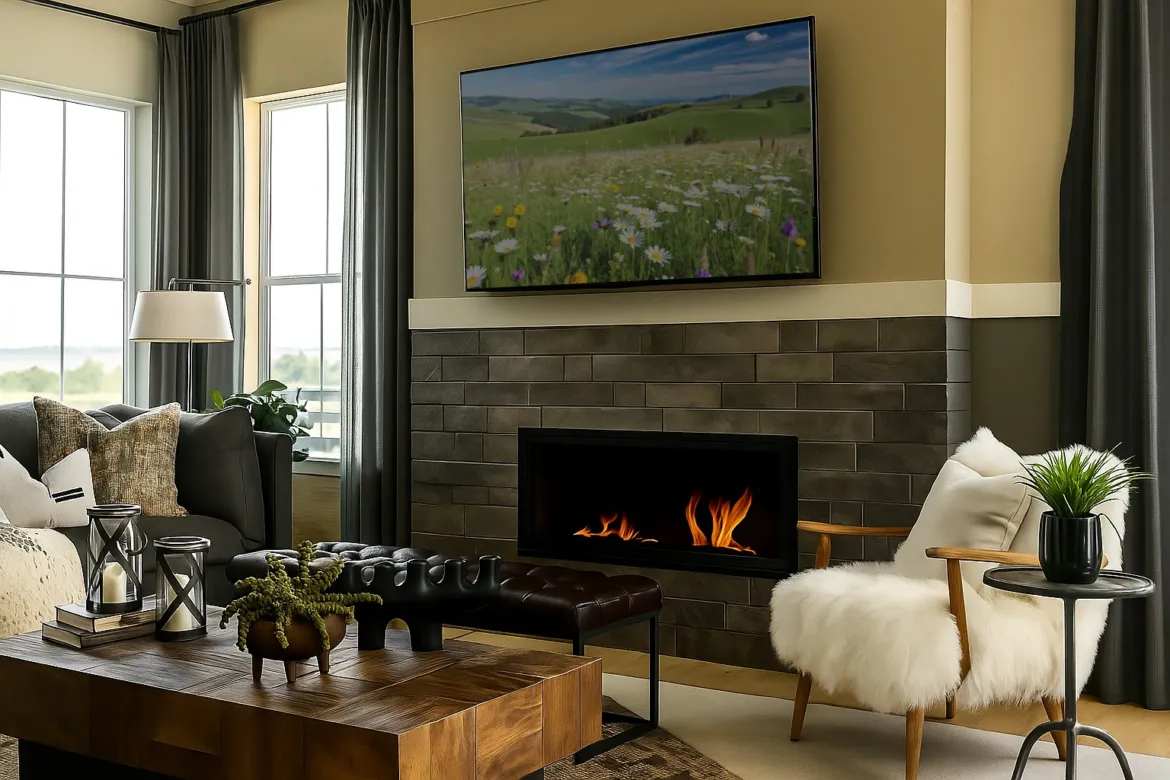 Living room with a linear fireplace set in taupe brick tile beneath a mounted television, a charcoal sofa, a wood-block coffee table with glass lanterns, and a white faux-fur armchair beside tall windows with gray curtains.