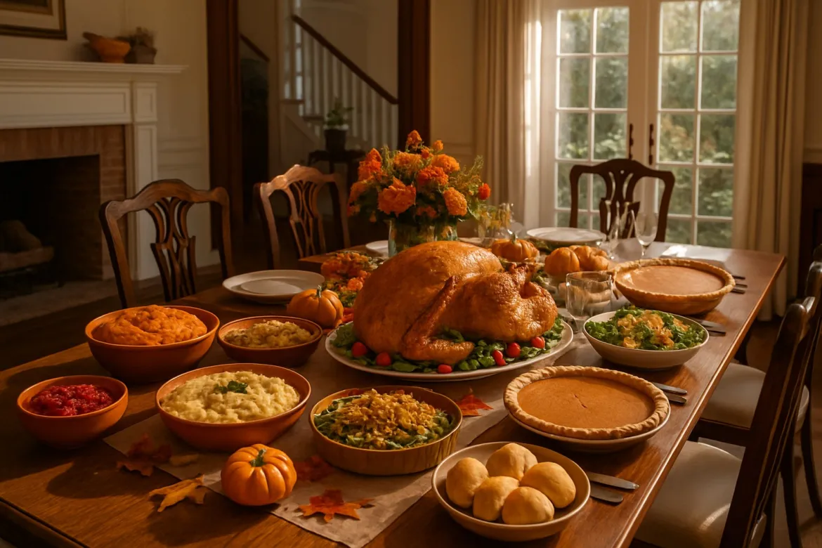 Thanksgiving table in warm light with a roast turkey, mashed potatoes, sweet potatoes, cranberry sauce, green beans, rolls, two pumpkin pies, small pumpkins, and orange marigolds.
