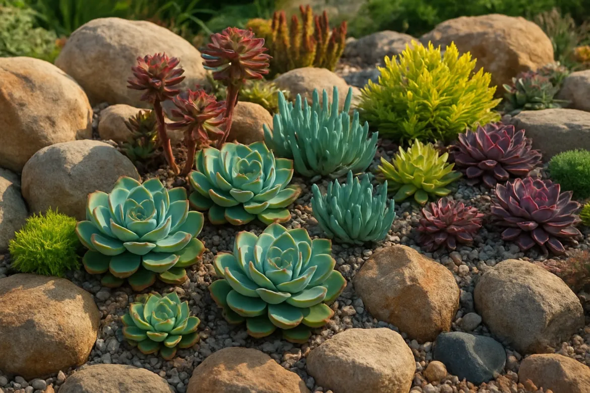 Rock garden of green, blue-gray, and burgundy succulents growing between rounded stones and gravel in warm evening light.