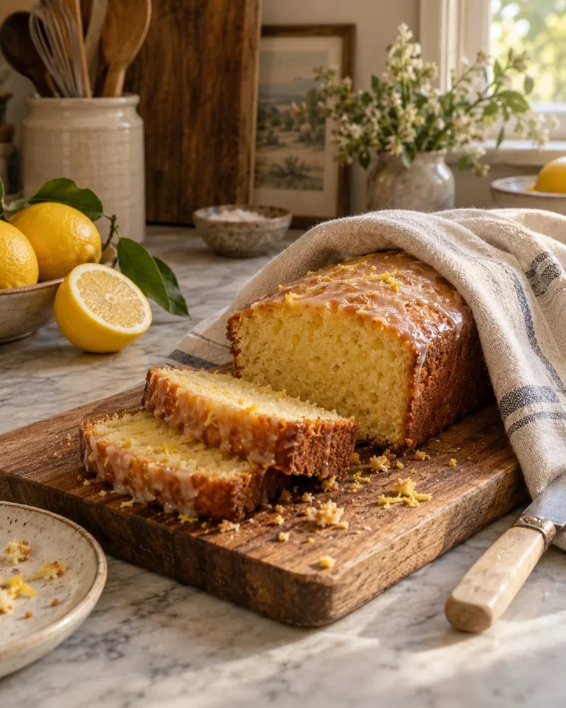 A glazed lemon loaf cake on a wooden board with two slices cut, half covered by a linen cloth, with fresh lemons and a jar of wooden spoons behind it.