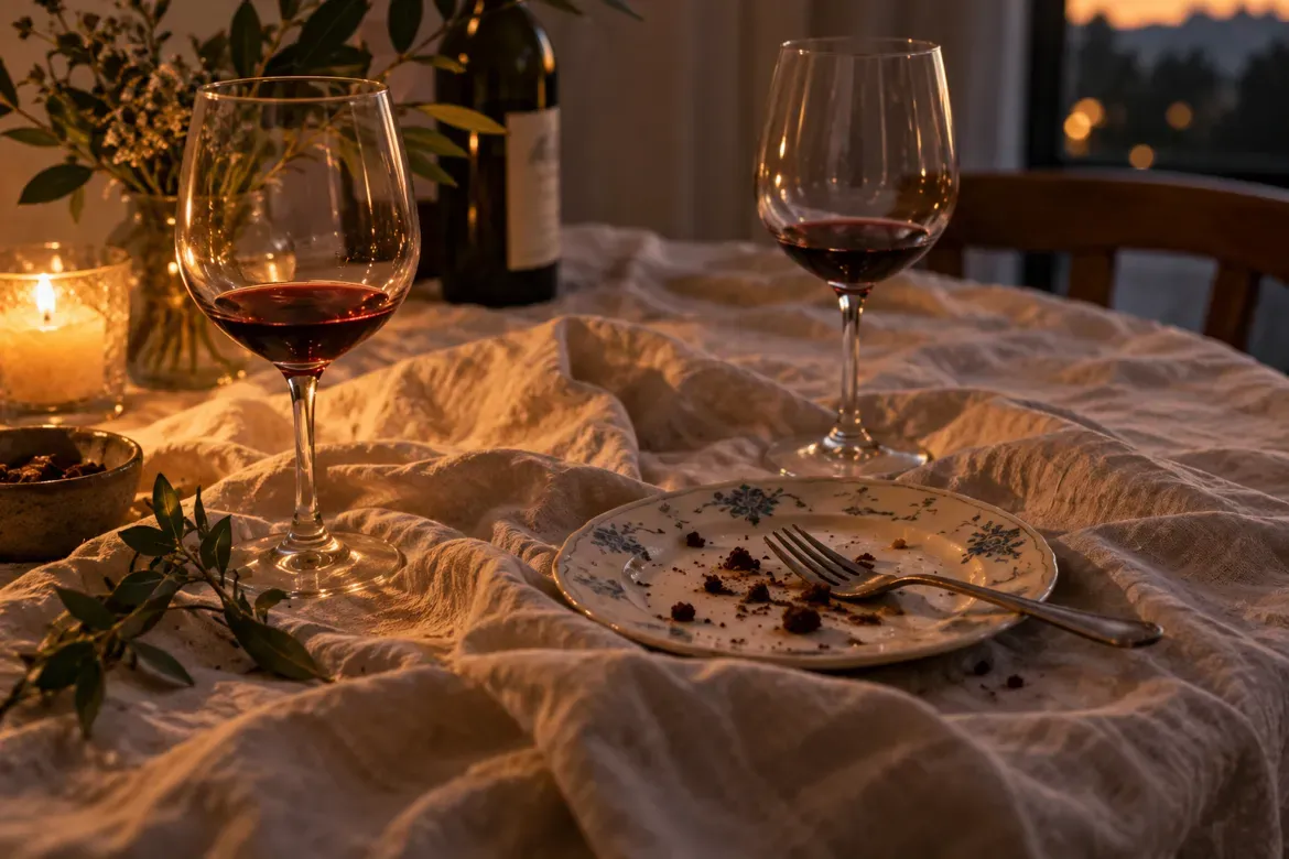 A linen-covered table after dinner at dusk, with two glasses of red wine, a candle, and a patterned plate holding a fork and dessert crumbs.