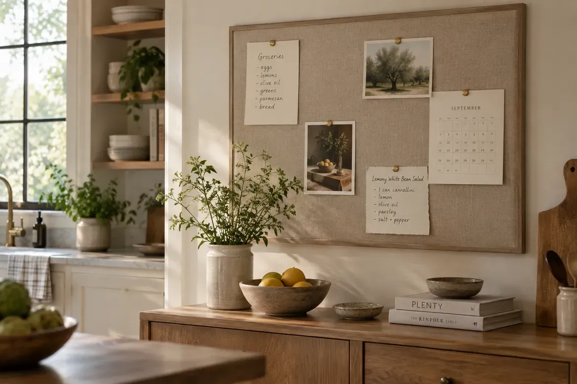A linen-covered pinboard in a pale oak frame hanging above a wooden sideboard, pinned with a grocery list, a recipe card, two postcards, and a September calendar, with a bowl of lemons and a vase of greenery below.