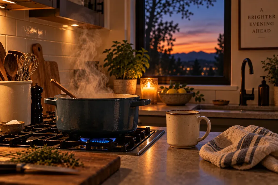A steaming pot on a gas stove at dusk beside a mug and a striped tea towel, with a candle and a lit window behind.