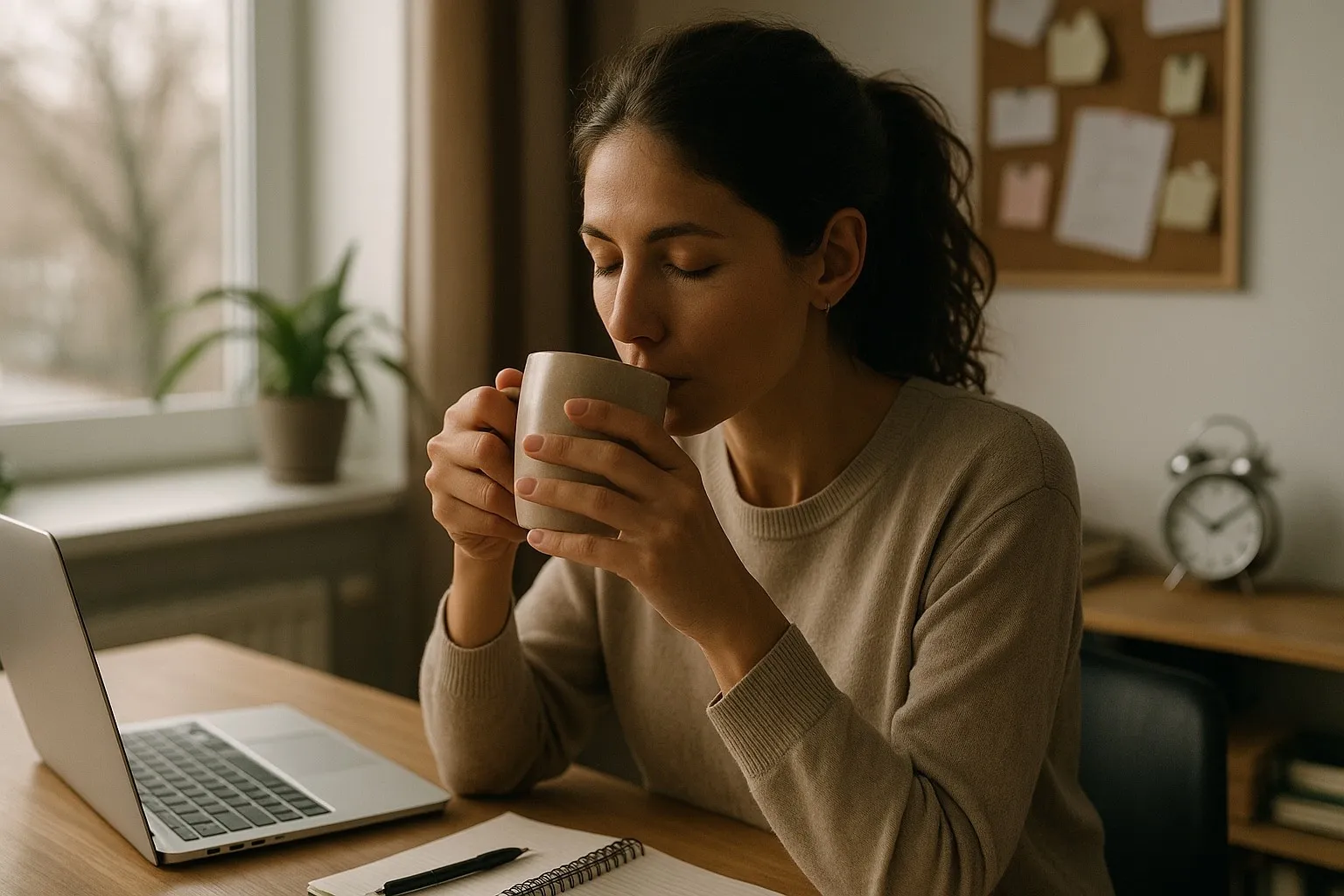 Woman at a home desk with eyes closed, savoring a mug of coffee beside an open laptop and notebook, with a plant on the windowsill behind her.