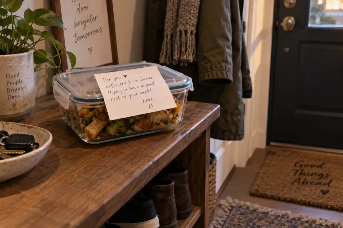 A glass container of leftovers with a handwritten thank-you note on the lid, sitting on an entryway bench beside a bowl of keys, with coats hanging by the front door.