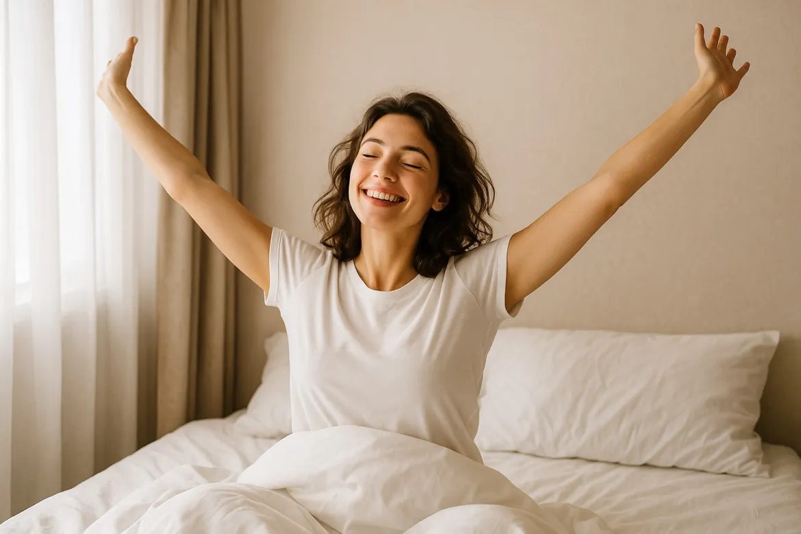 Smiling woman with eyes closed stretching both arms overhead while sitting up in a white bed beside a curtained window.