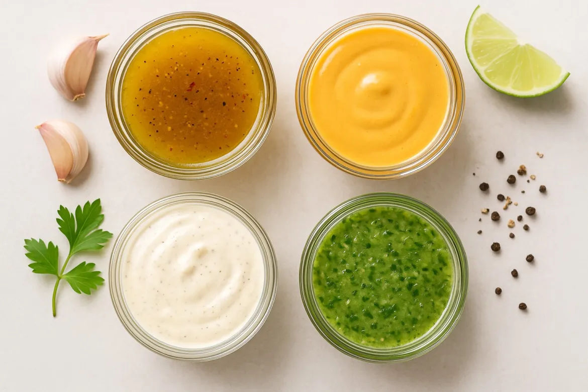 Four glass jars of salad dressing seen from above: vinaigrette, an orange creamy dressing, ranch, and green goddess, with garlic, parsley, lime, and peppercorns alongside.