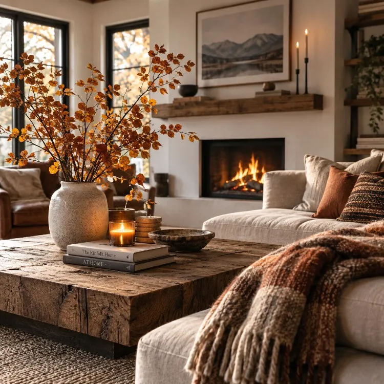 A cozy living room with autumn branches, a lit fireplace, and a wool throw.