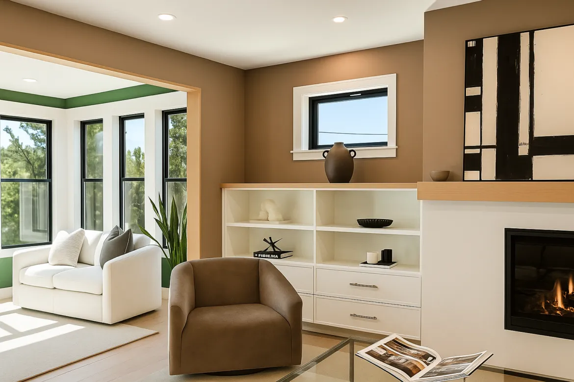 Living nook with a taupe swivel barrel chair, a glass coffee table with an open magazine, built-in white shelving under a light wood mantel, black-and-white abstract art, and a bright adjoining sitting room with a white loveseat.