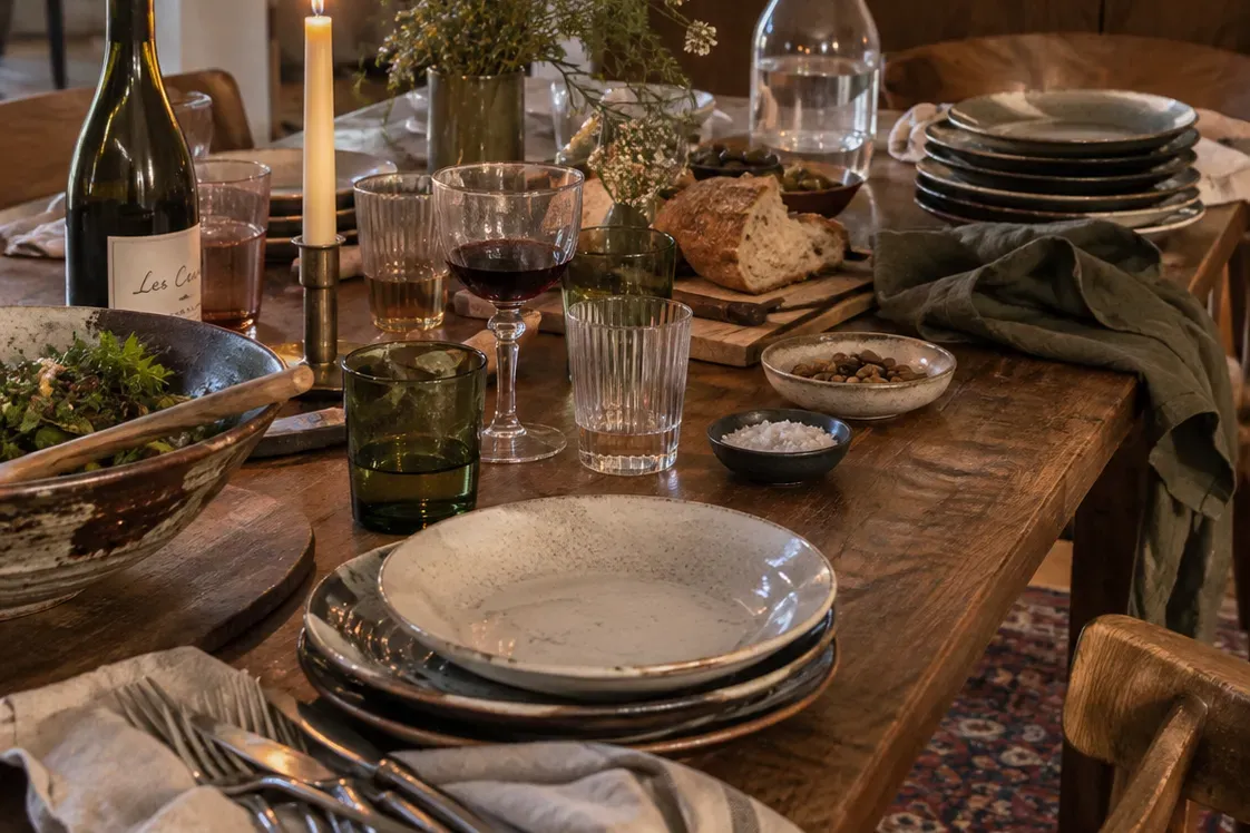 A wooden dinner table set with mismatched stoneware plates, assorted glasses, a lit taper candle, bread on a board, and a linen cloth.
