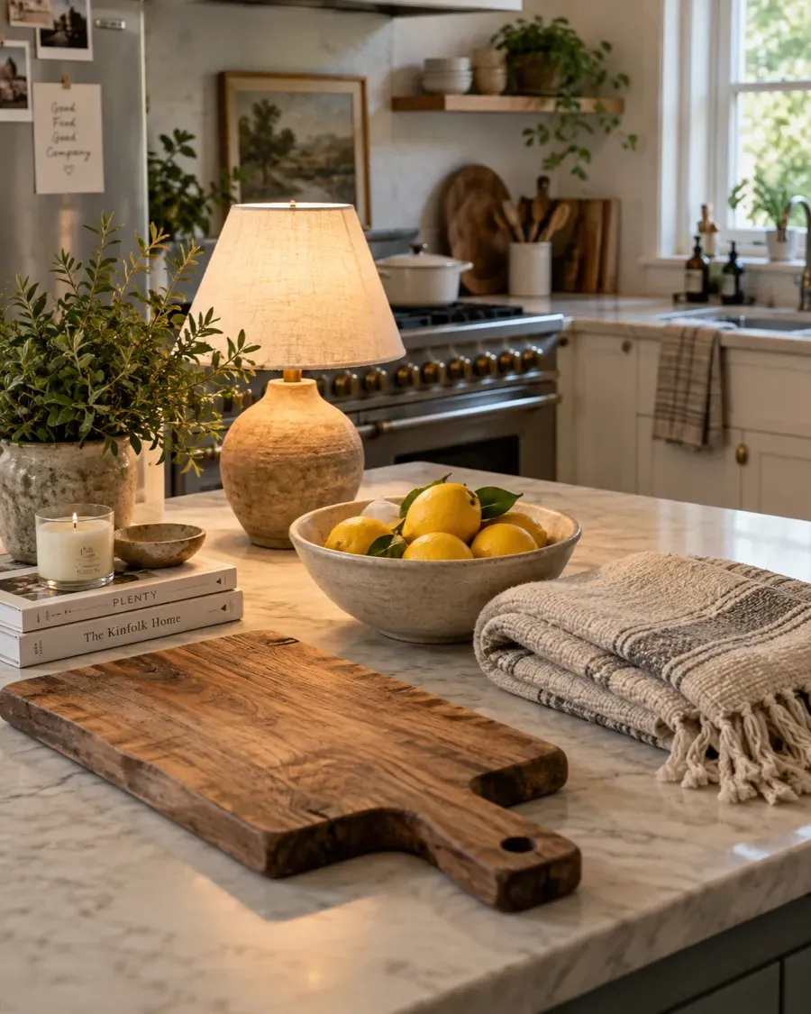 A marble kitchen counter with a wooden board, a bowl of lemons, a table lamp, a folded throw, and a candle on a stack of books.
