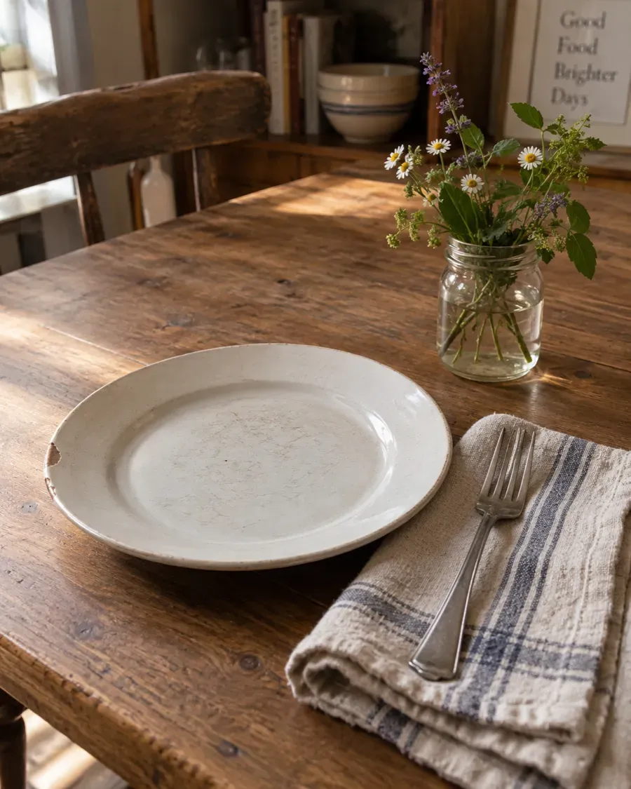 A single chipped white plate on a wooden table beside a striped linen napkin, a fork, and a jar of wildflowers.