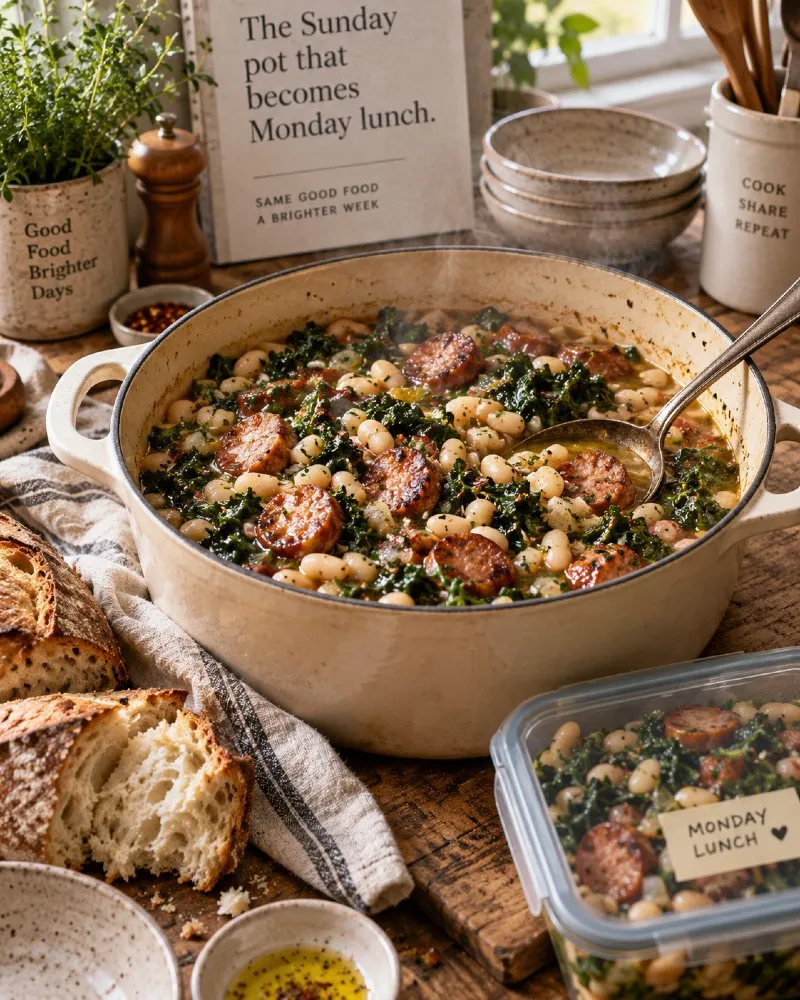 A steaming Dutch oven of white beans, kale, and sliced sausage on a wooden table, with torn sourdough beside it and a portion packed in a lunch container labeled Monday lunch.