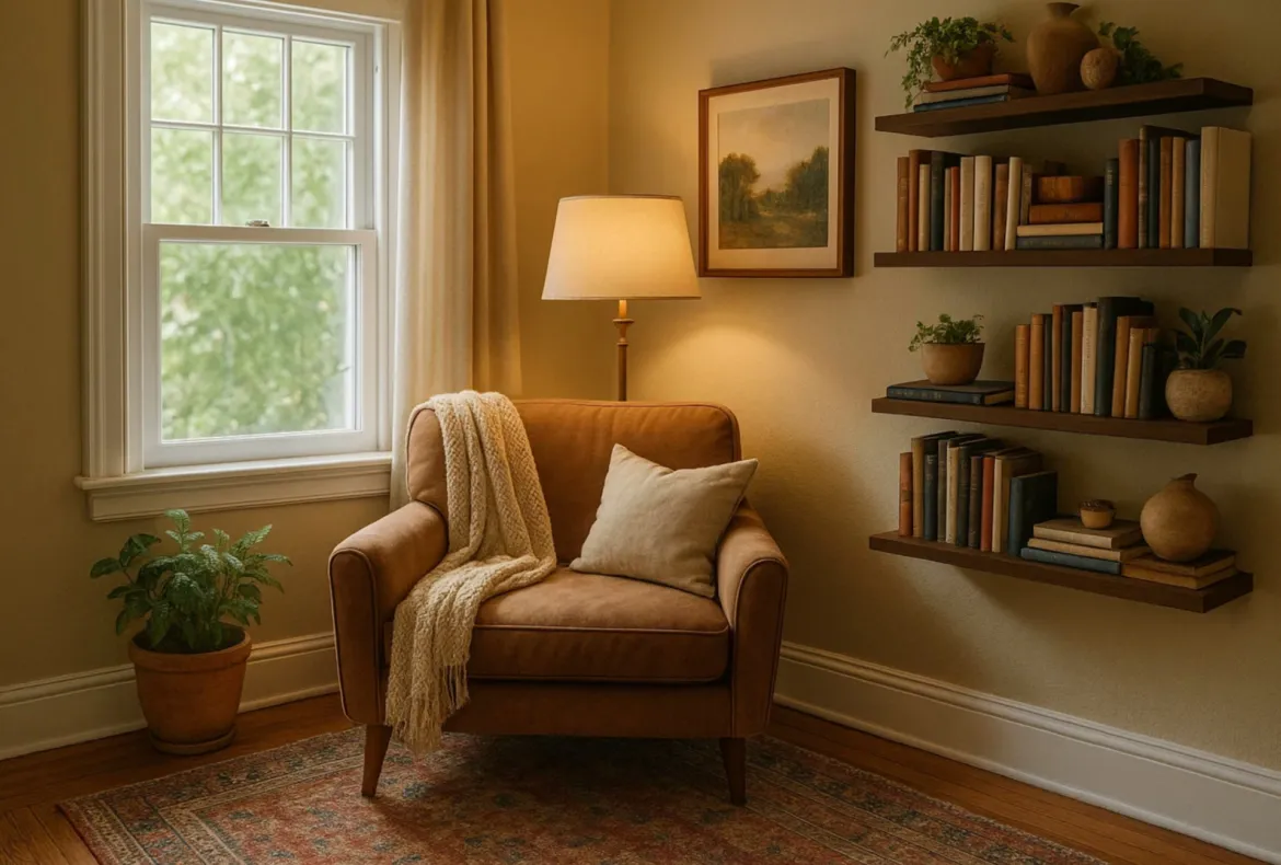 Reading nook with a caramel armchair draped in a cream knit throw beside a window, a glowing floor lamp, a potted plant, floating wood shelves of books and pottery, and a faded Persian-style rug.