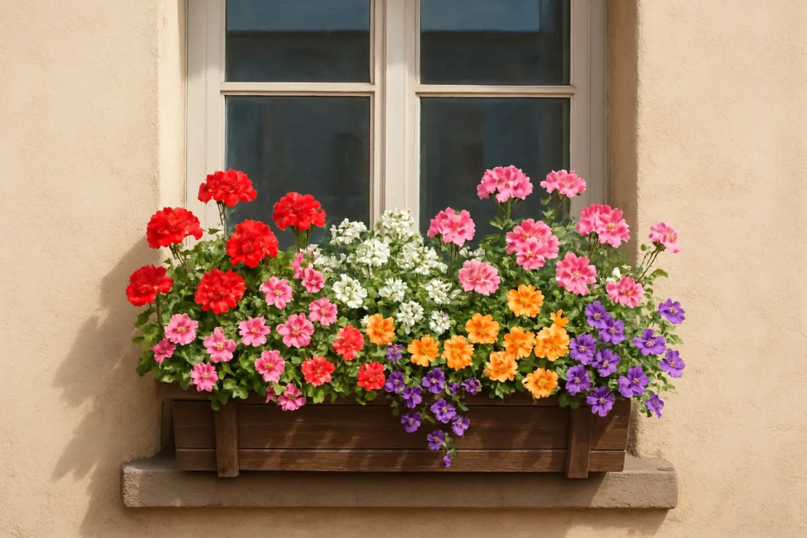 Wooden window box on a stucco wall overflowing with red and pink geraniums, white blooms, orange flowers, and trailing purple petunias beneath a white-framed window.