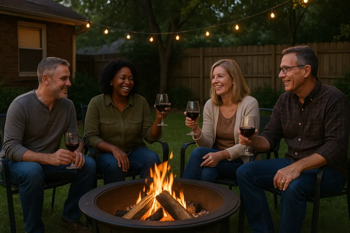 Four neighbors laughing with glasses of red wine around a backyard fire pit at dusk, with string lights overhead and a wooden fence behind them.