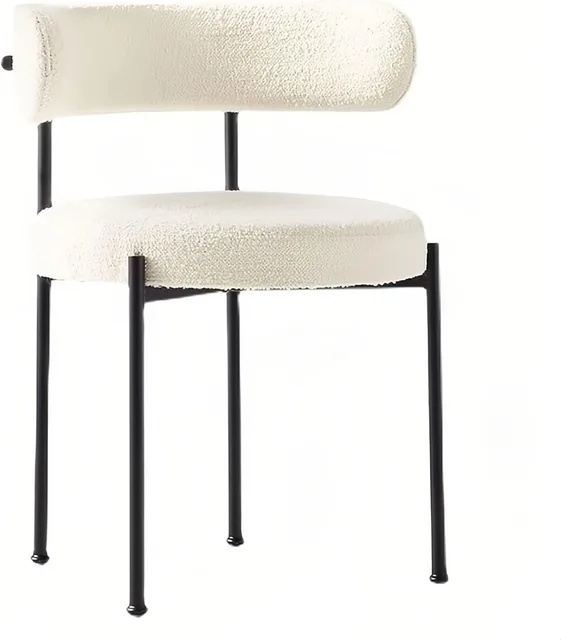 Dining chair with cream textured upholstery, a curved backrest, and black legs.