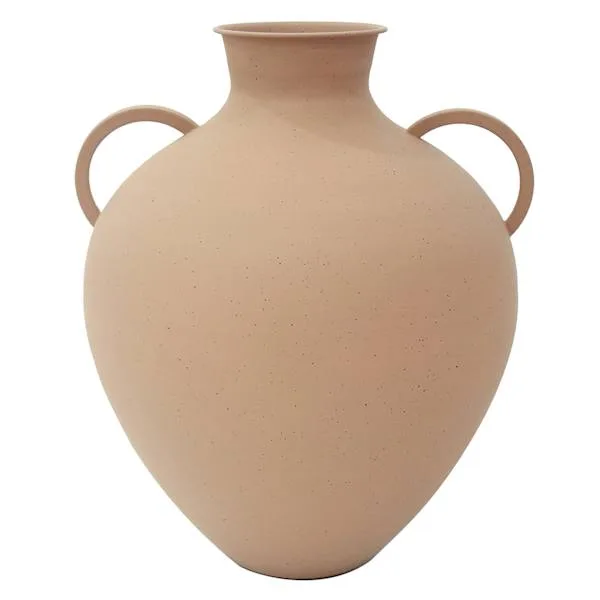 Matte terracotta-colored vase with a narrow neck and two loop handles.