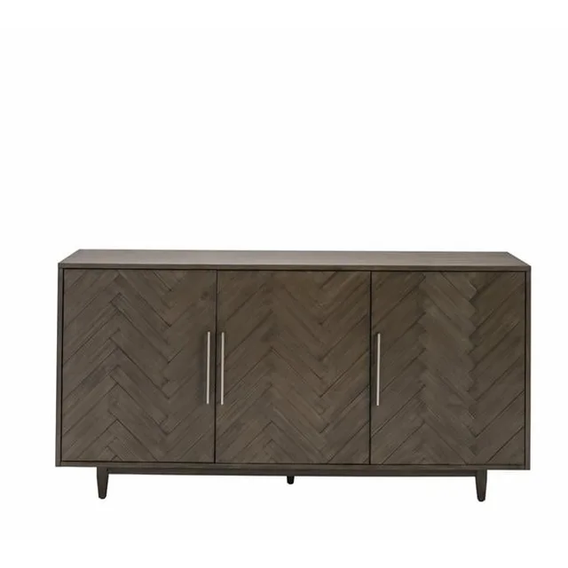 Dark wood three-door sideboard with a chevron pattern and metal handles.