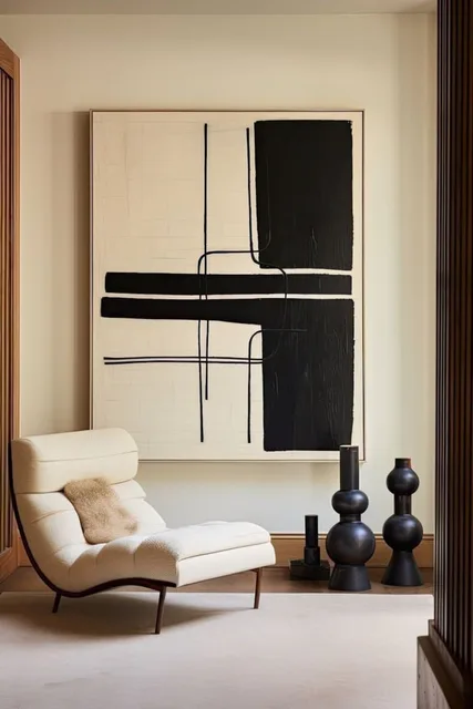 Large beige and black abstract painting above a cream lounge chair.