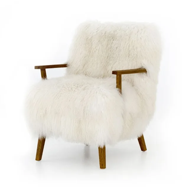 Cream shaggy-fur armchair with exposed wooden arms and legs.