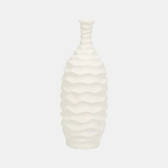 Tall white vase with horizontal sculpted ridges and a narrow neck.