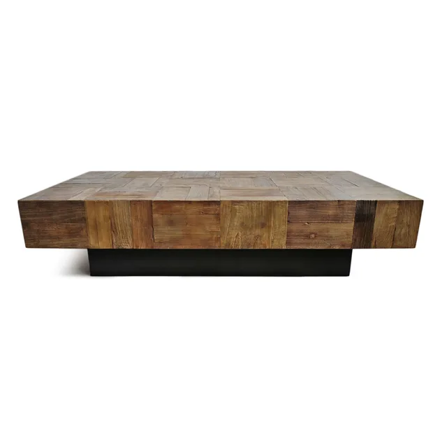 Low rectangular coffee table with a thick parquet wood top and recessed black base.