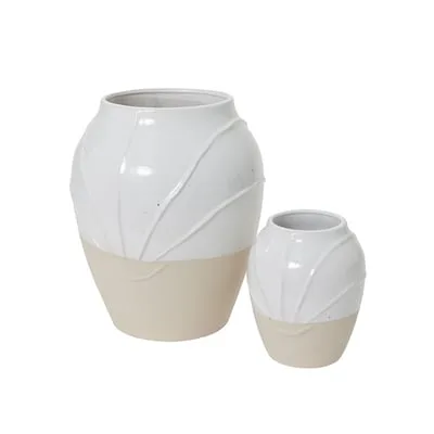 Two rounded vases with white sculpted upper sections and beige bases.