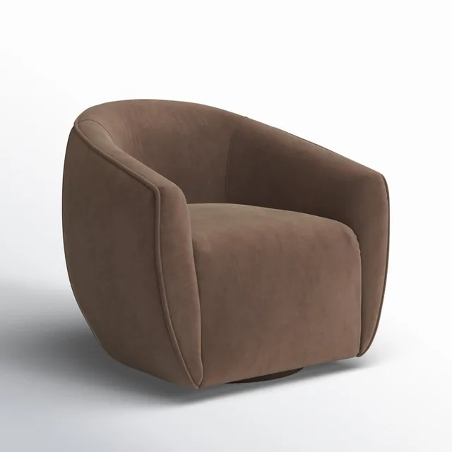 Brown upholstered swivel barrel chair with a rounded back and curved arms.